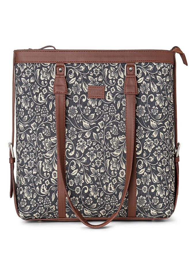 ZOUK طقم حقيبة مكتب وحقيبة كتف نسائية من زوك، مصنوعة يدوياً، باللون الأسود ومزينة بنقوش زهور | حقيبة مكتب | حقيبة جامعية - Image 2